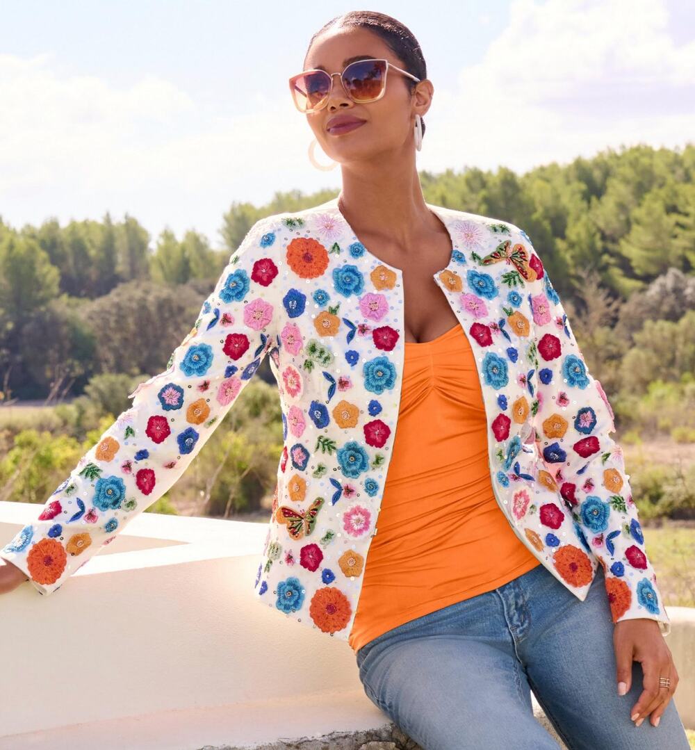 Boston Proper Embroidered Floral Butterfly Jacket Colorful Size 12 Sequins